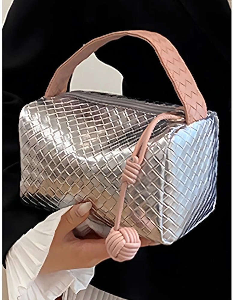 Silvery Lattice Texture Corded Ball Decor Weaven Handle Cosmetic Bag