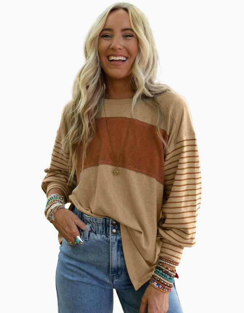 Flaxen Colorblock Striped Bishop Sleeve Top