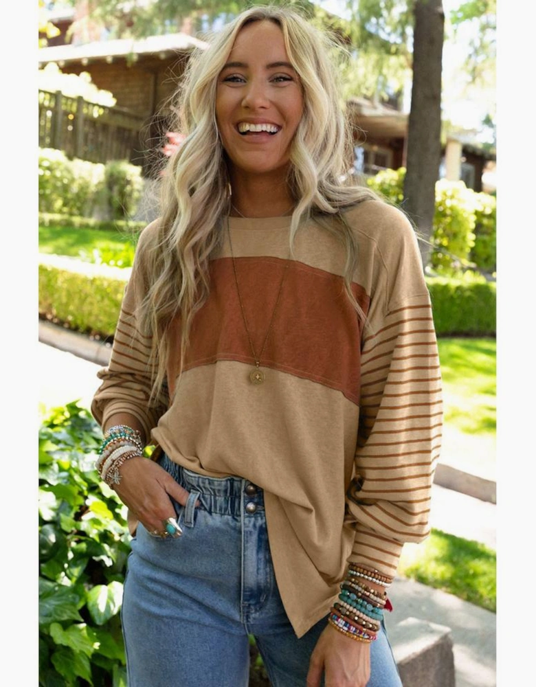 Flaxen Colorblock Striped Bishop Sleeve Top