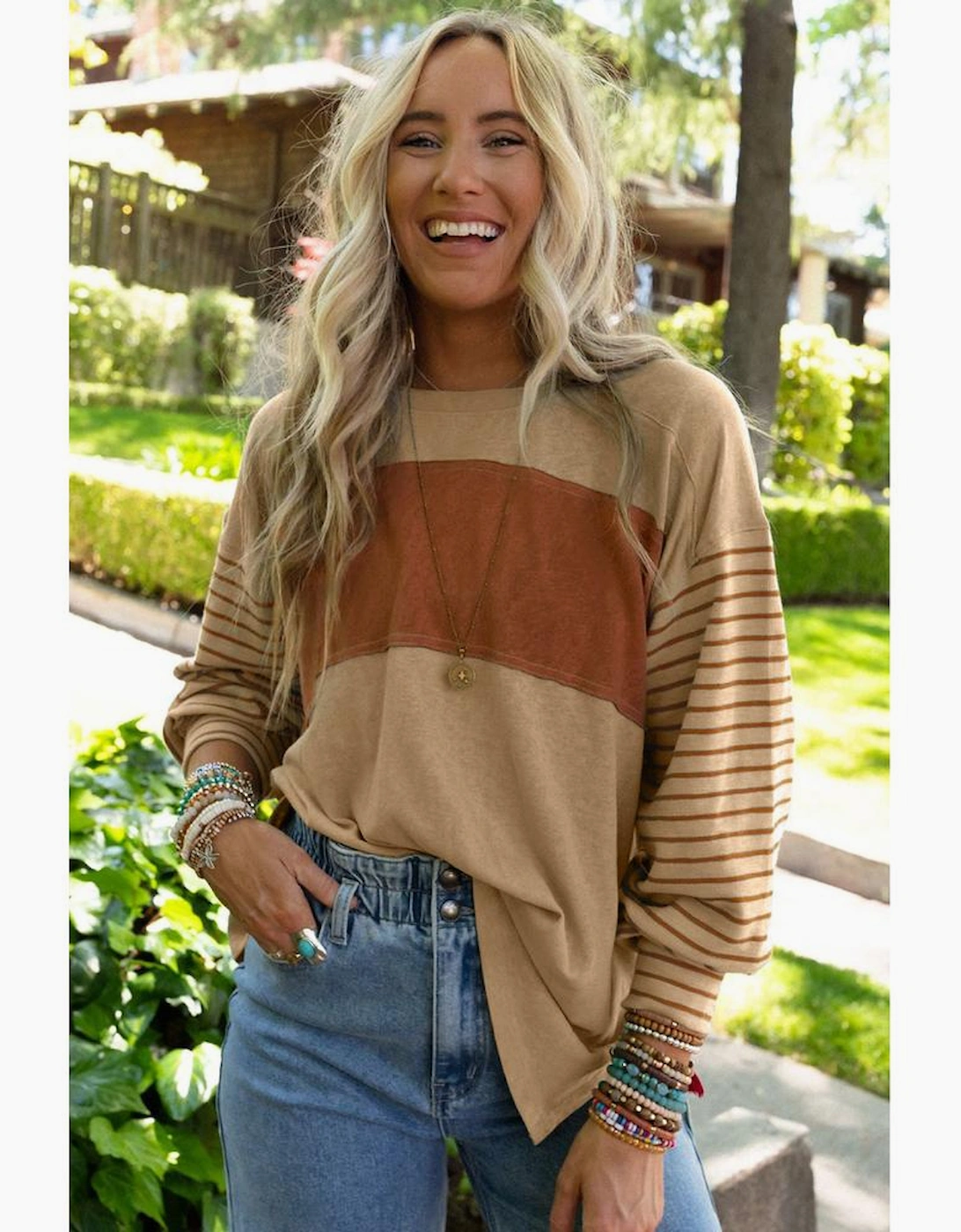 Flaxen Colorblock Striped Bishop Sleeve Top