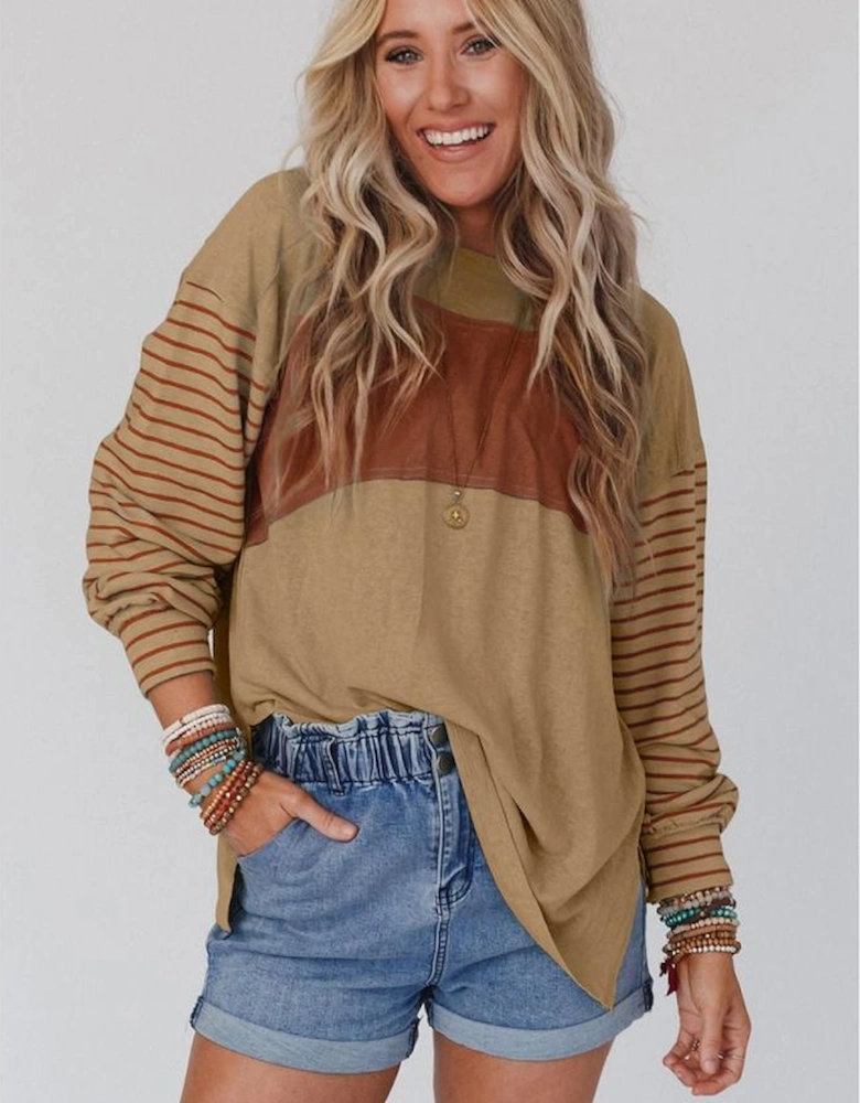 Flaxen Colorblock Striped Bishop Sleeve Top