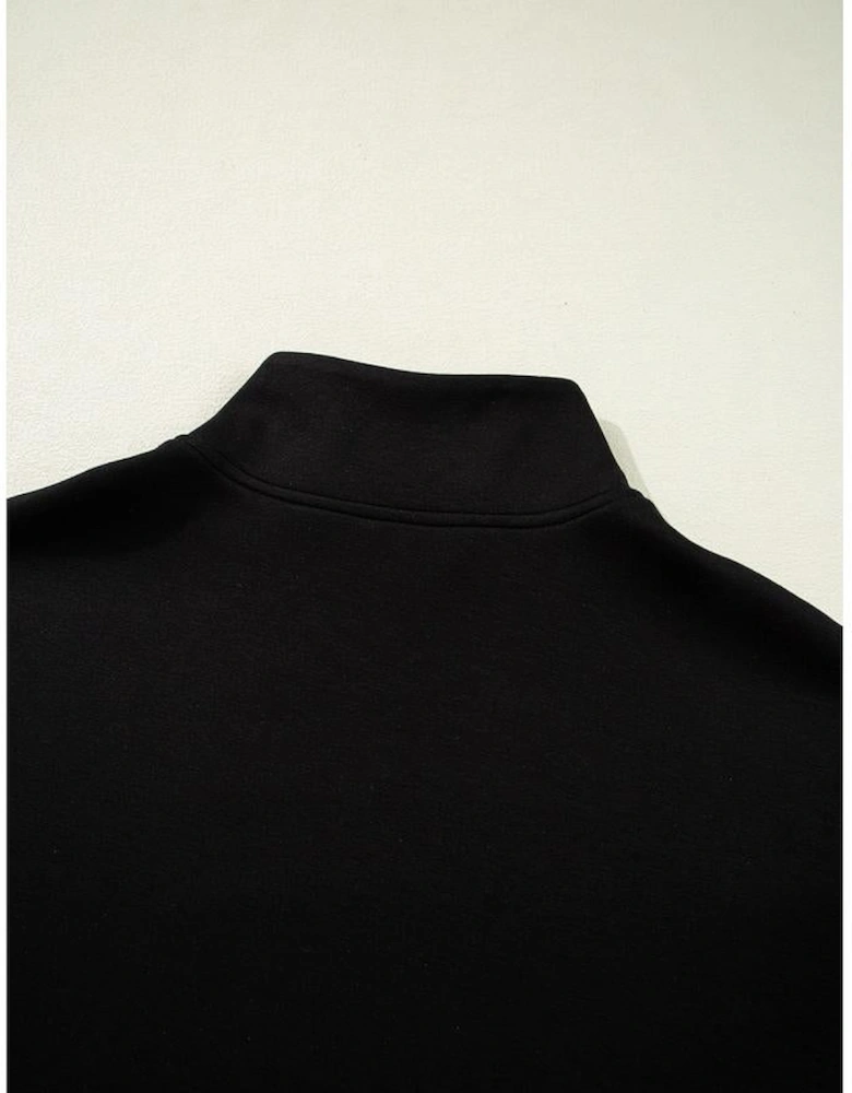 Black Contrast Zipped Stand Collared T Shirt and Short Set