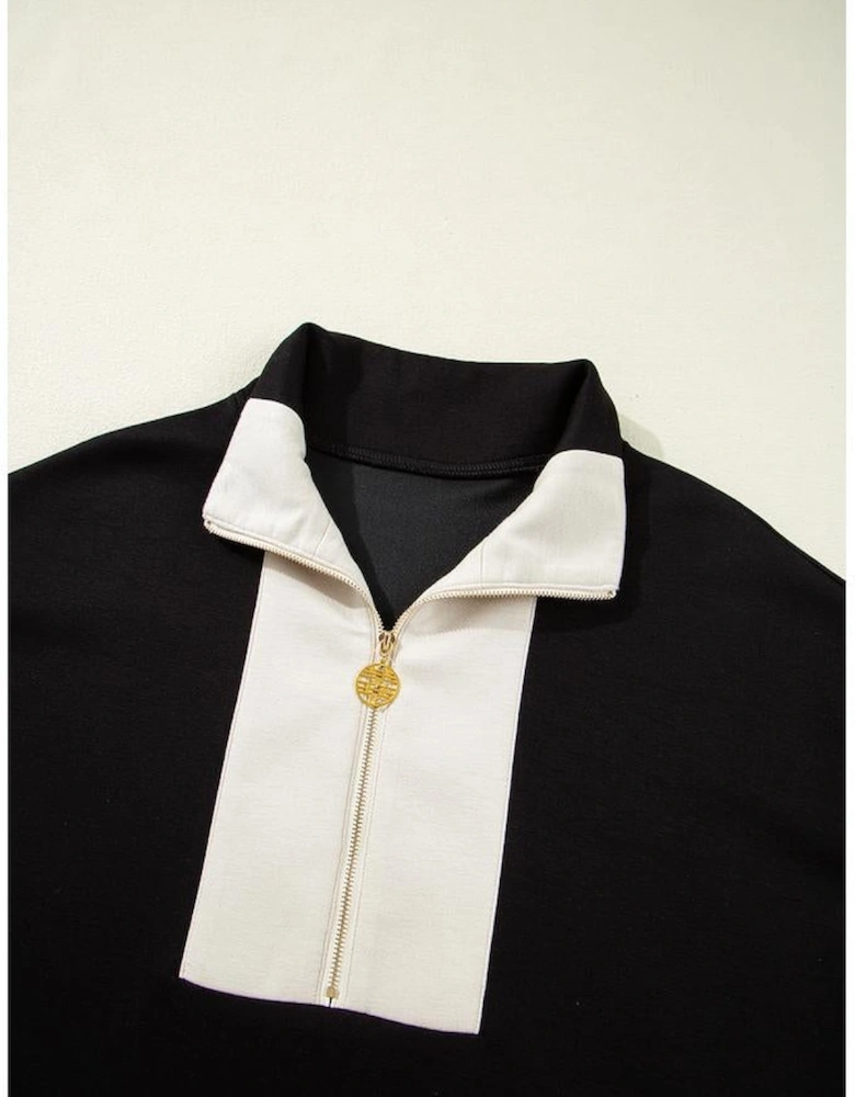 Black Contrast Zipped Stand Collared T Shirt and Short Set