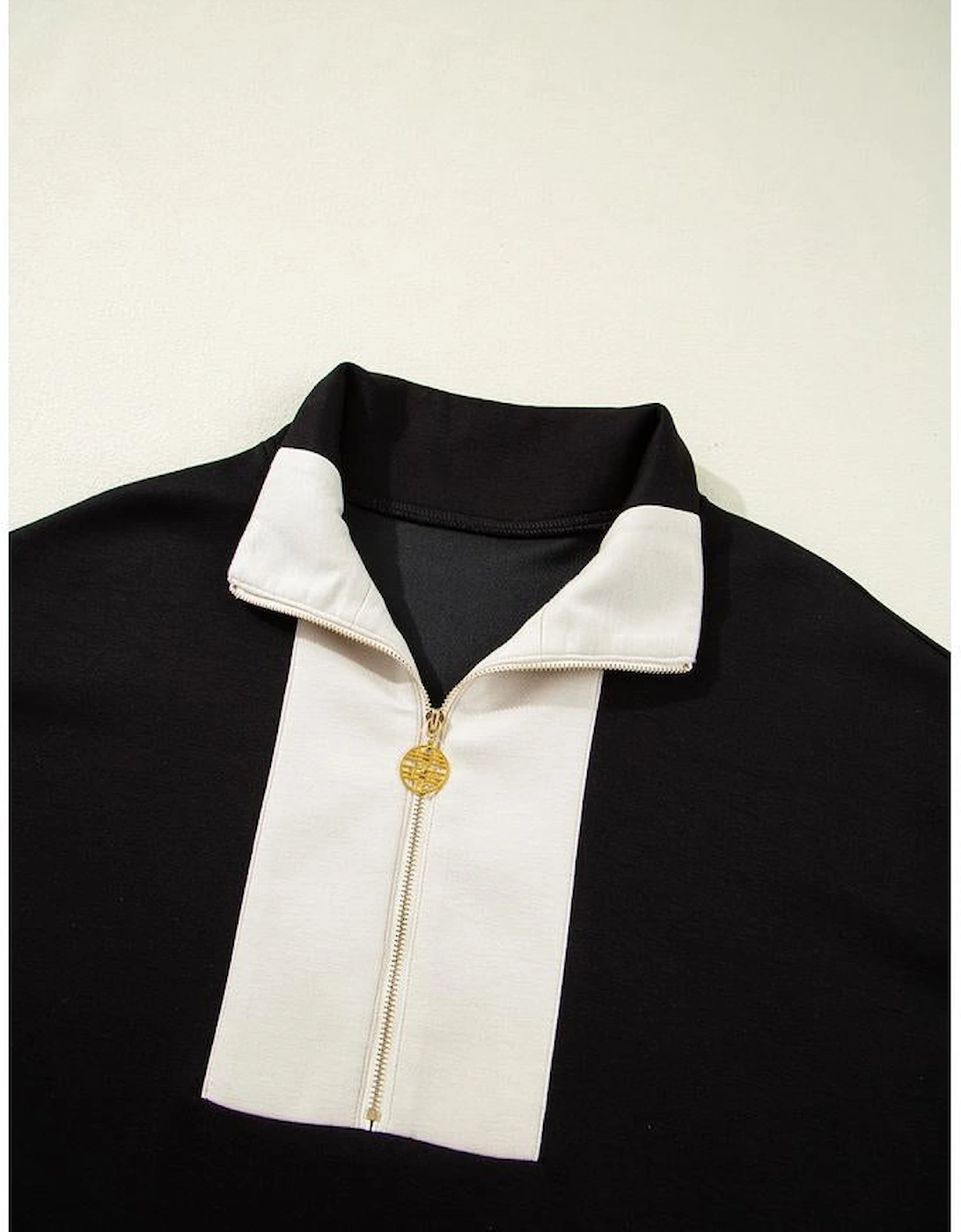 Black Contrast Zipped Stand Collared T Shirt and Short Set