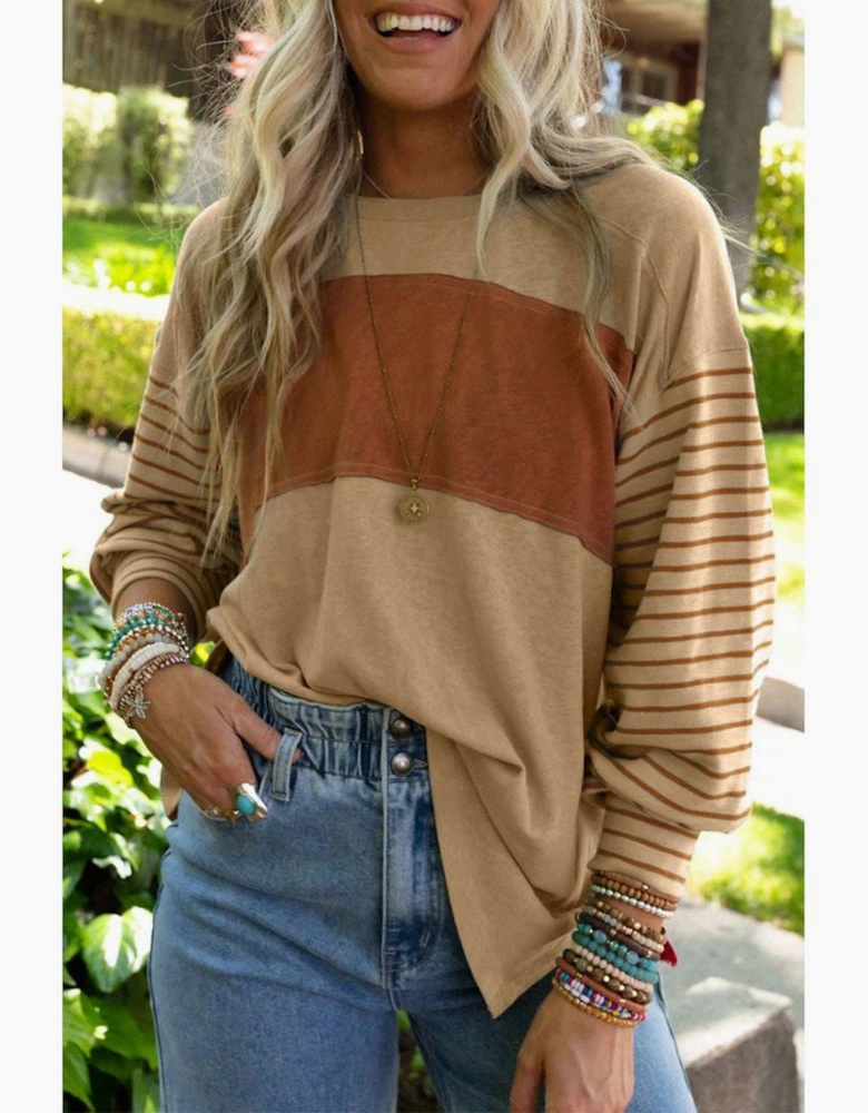 Flaxen Colorblock Striped Bishop Sleeve Top