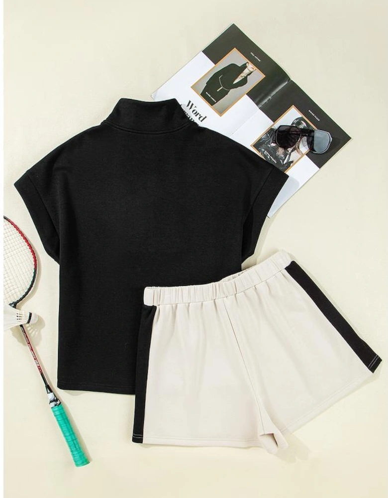 Black Contrast Zipped Stand Collared T Shirt and Short Set