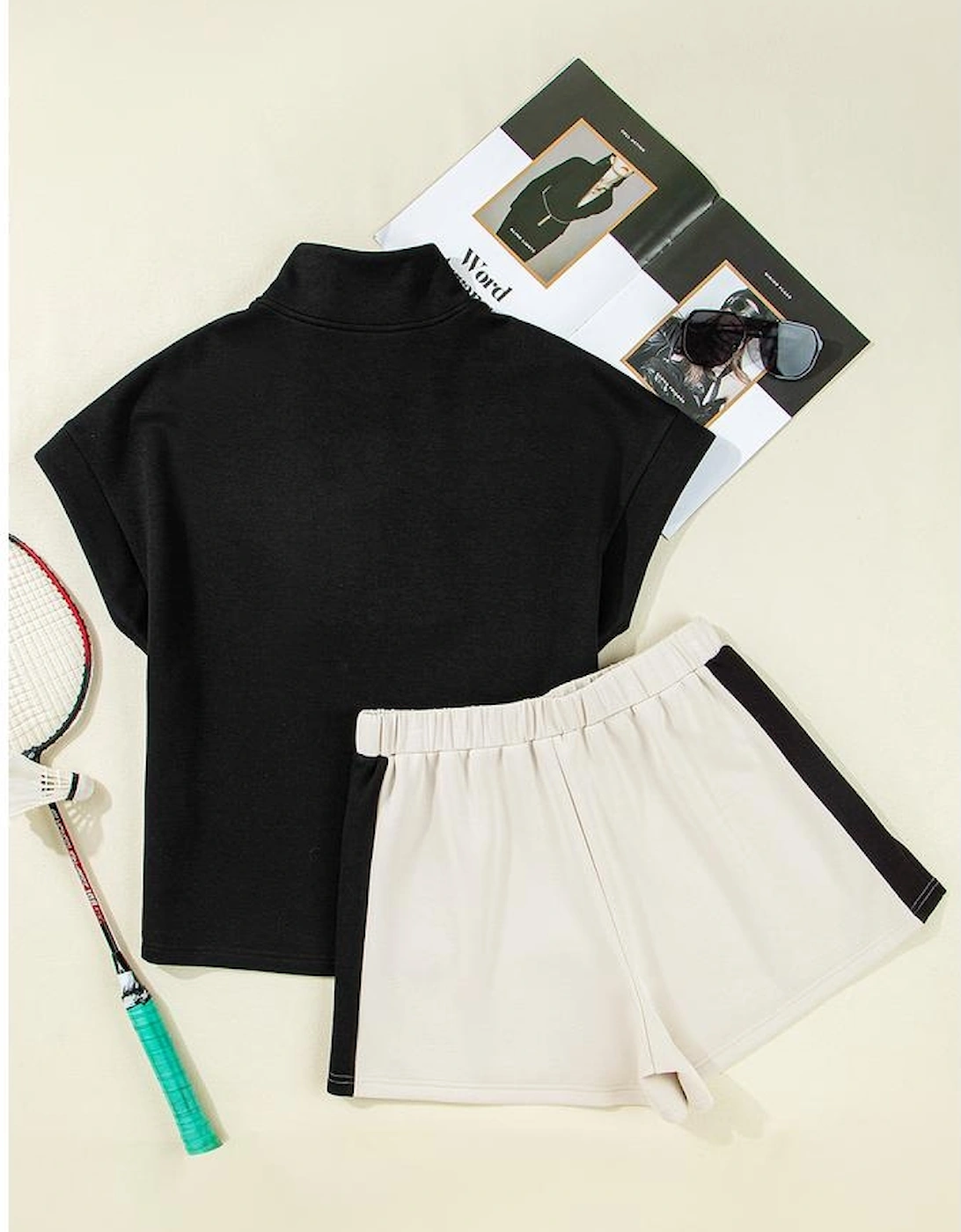 Black Contrast Zipped Stand Collared T Shirt and Short Set