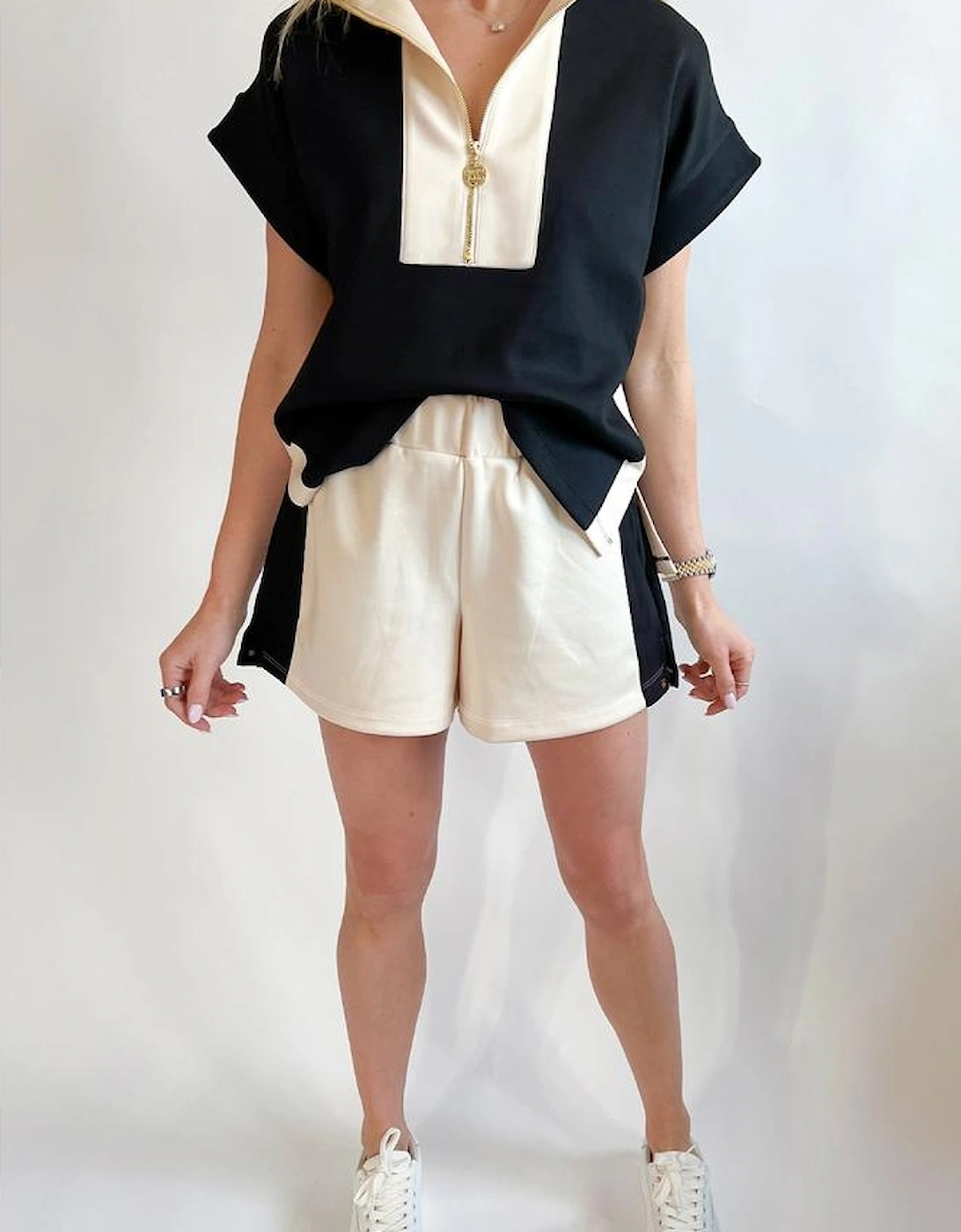 Black Contrast Zipped Stand Collared T Shirt and Short Set