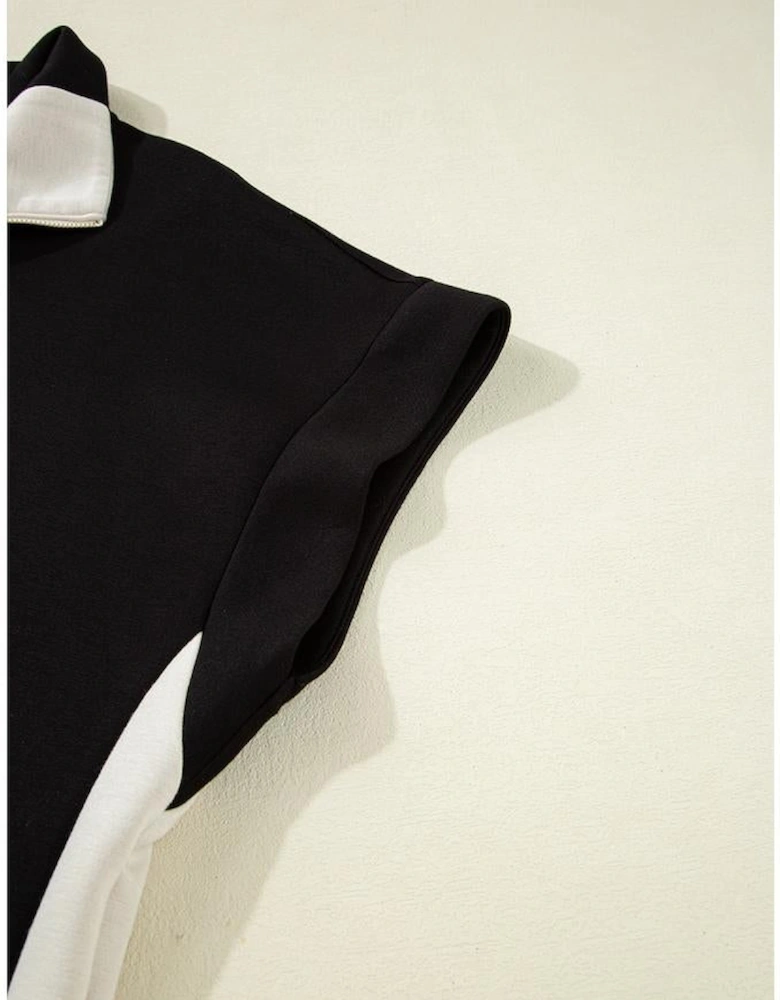 Black Contrast Zipped Stand Collared T Shirt and Short Set