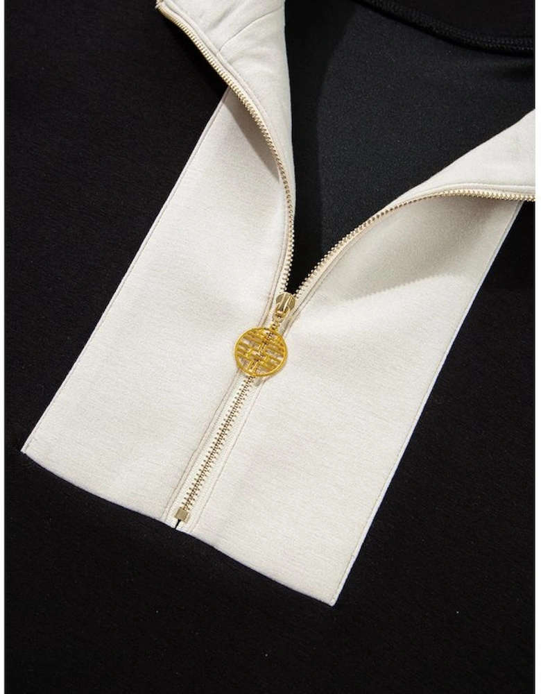 Black Contrast Zipped Stand Collared T Shirt and Short Set