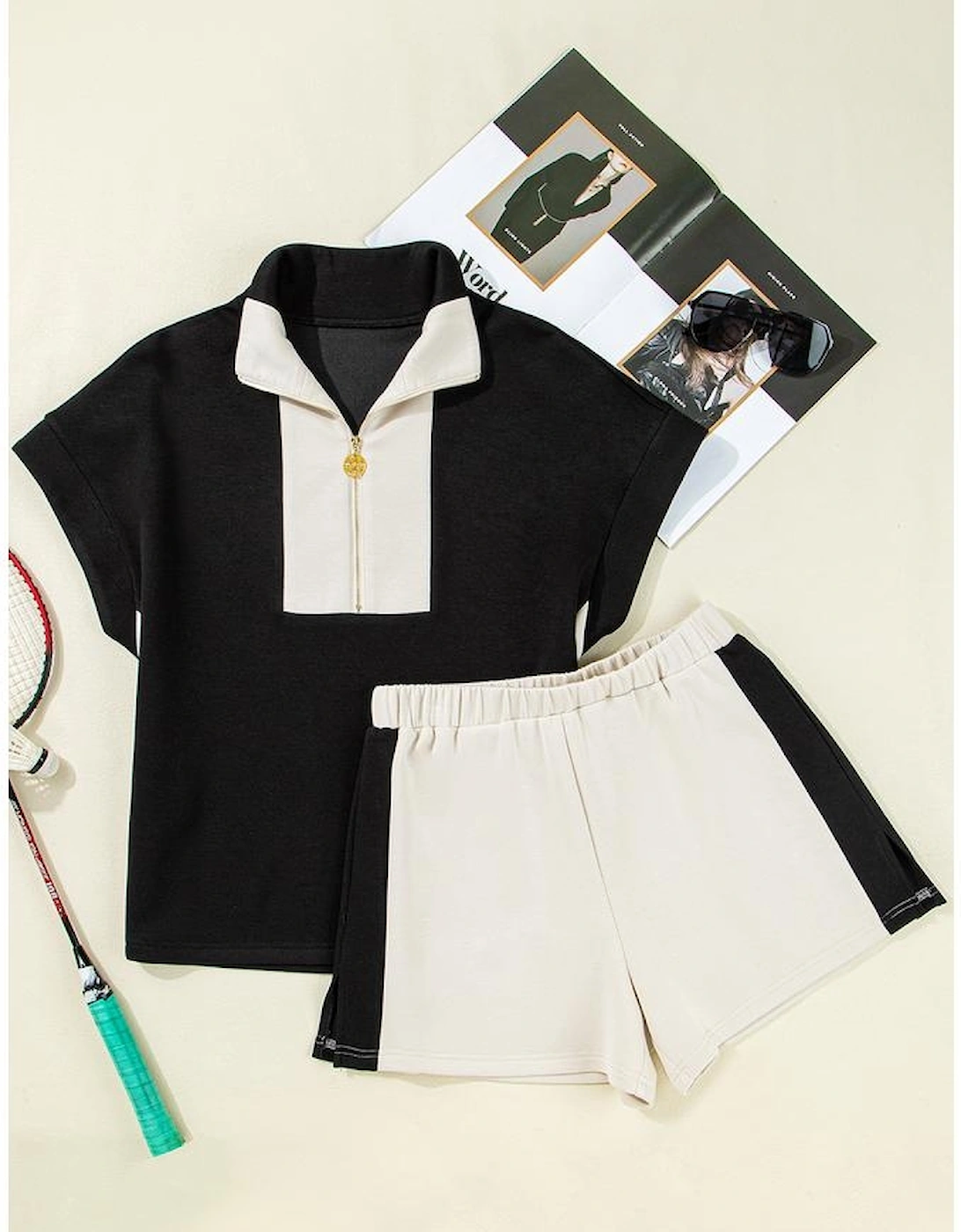 Black Contrast Zipped Stand Collared T Shirt and Short Set