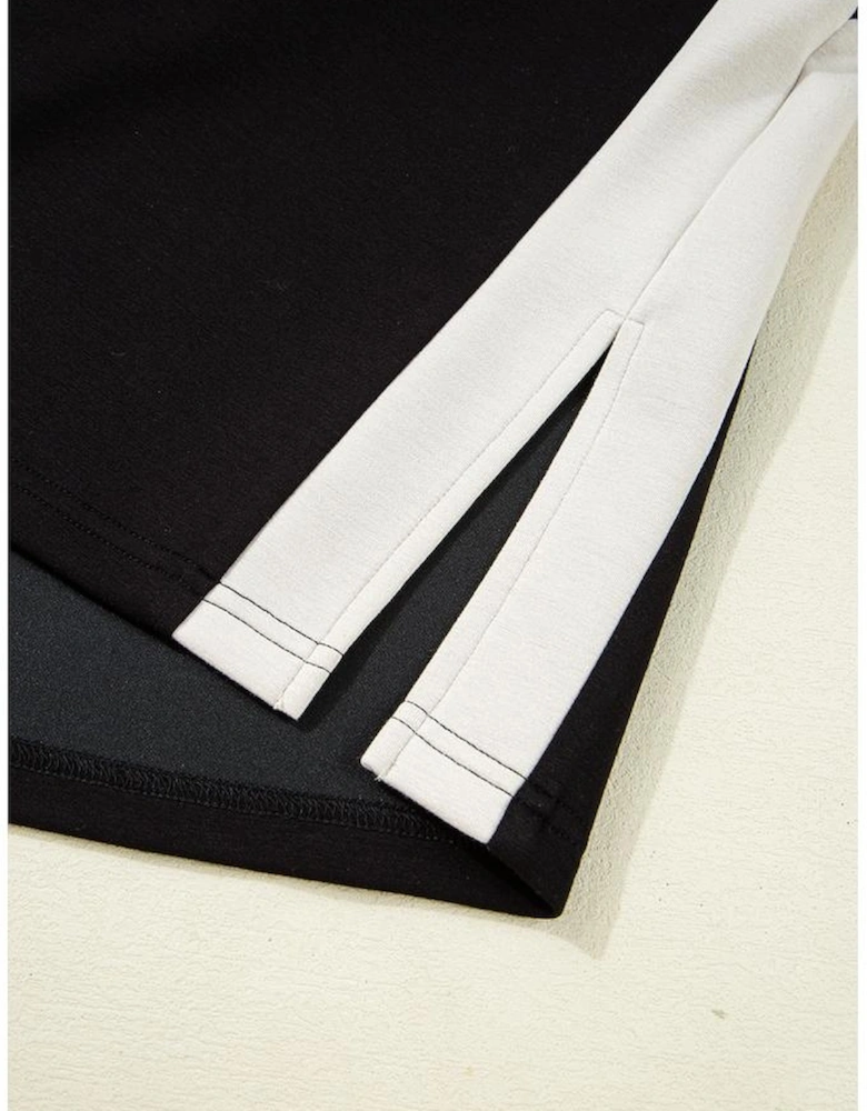 Black Contrast Zipped Stand Collared T Shirt and Short Set