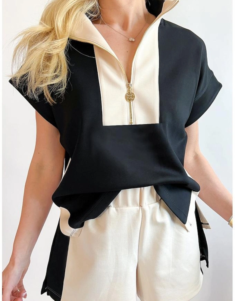 Black Contrast Zipped Stand Collared T Shirt and Short Set