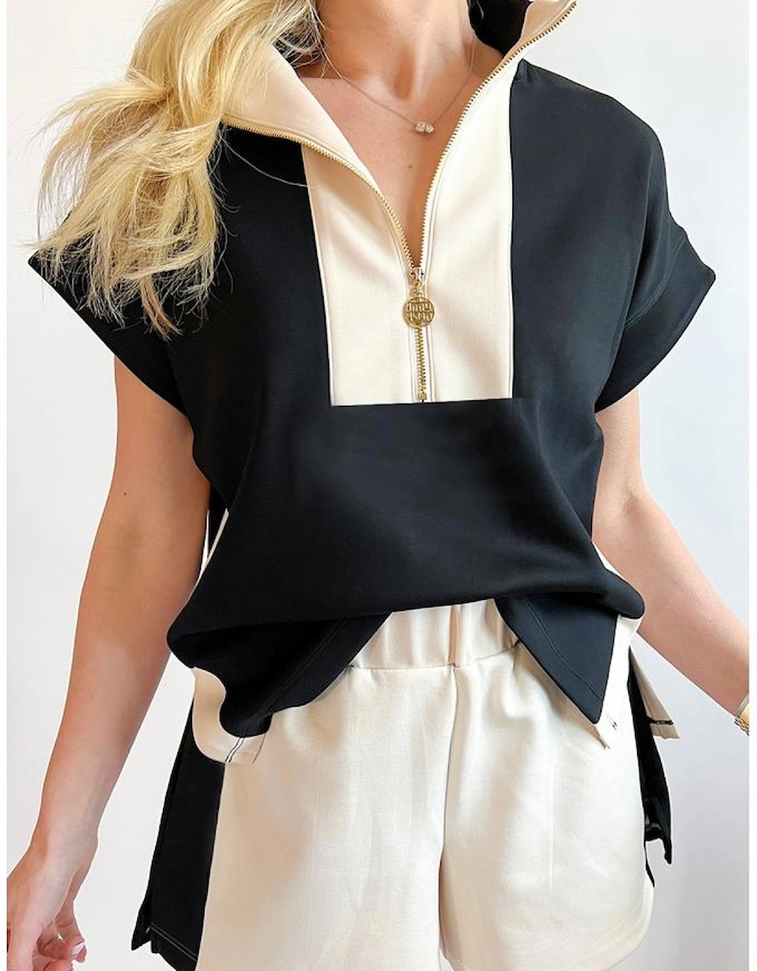 Black Contrast Zipped Stand Collared T Shirt and Short Set