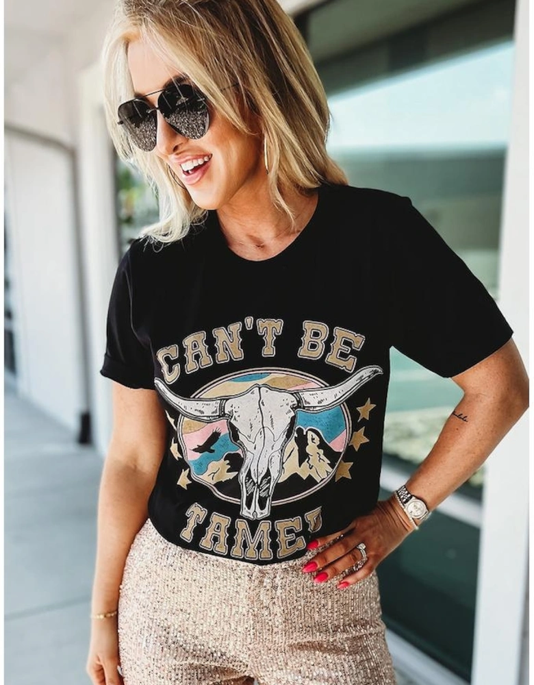 Black Western CAN'T BE TAMED Longhorn Graphic T Shirt