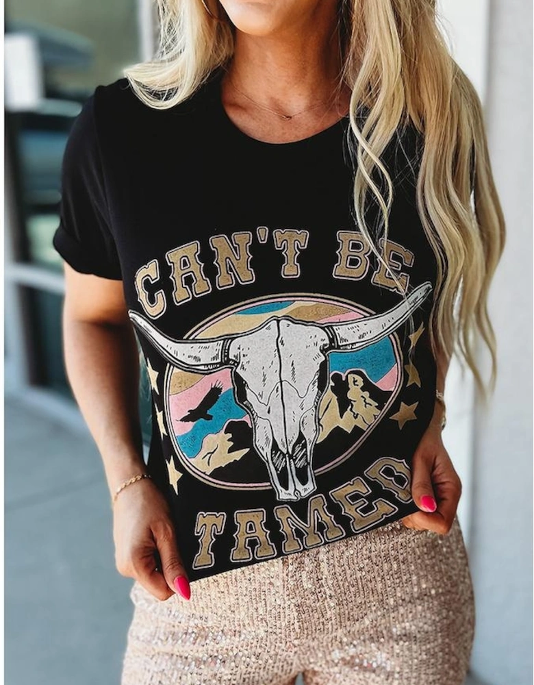 Black Western CAN'T BE TAMED Longhorn Graphic T Shirt