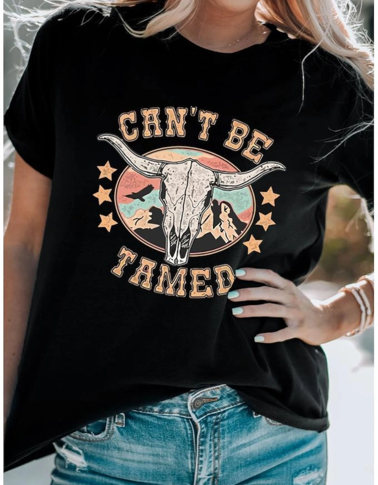 Black Western CAN'T BE TAMED Longhorn Graphic T Shirt