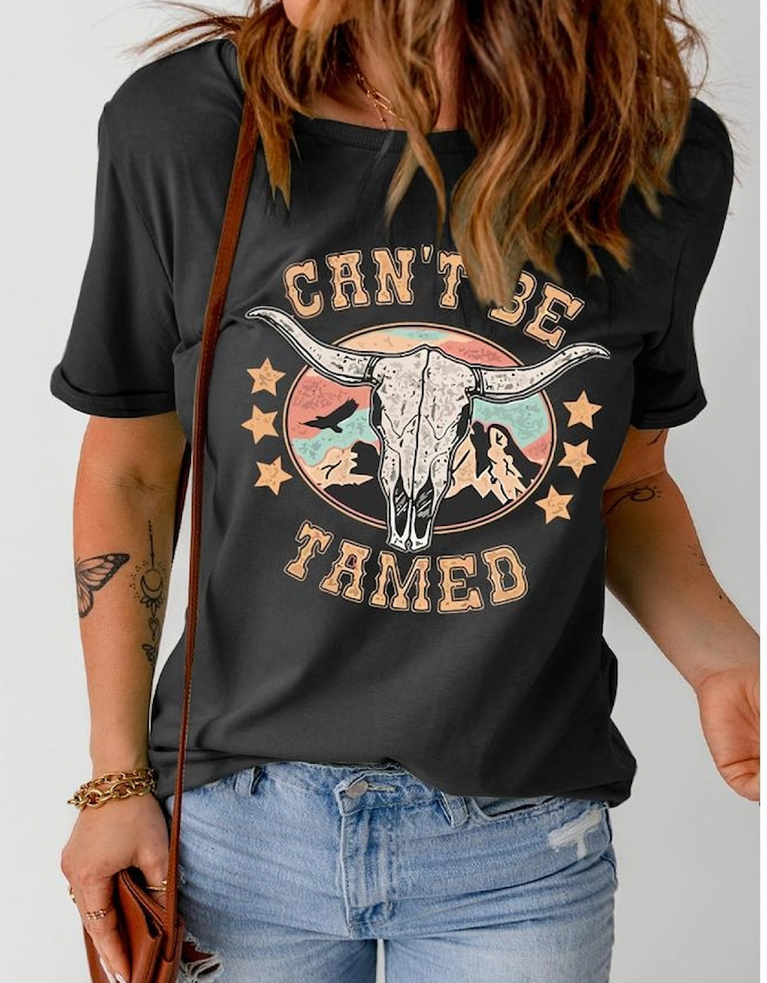 Black Western CAN'T BE TAMED Longhorn Graphic T Shirt