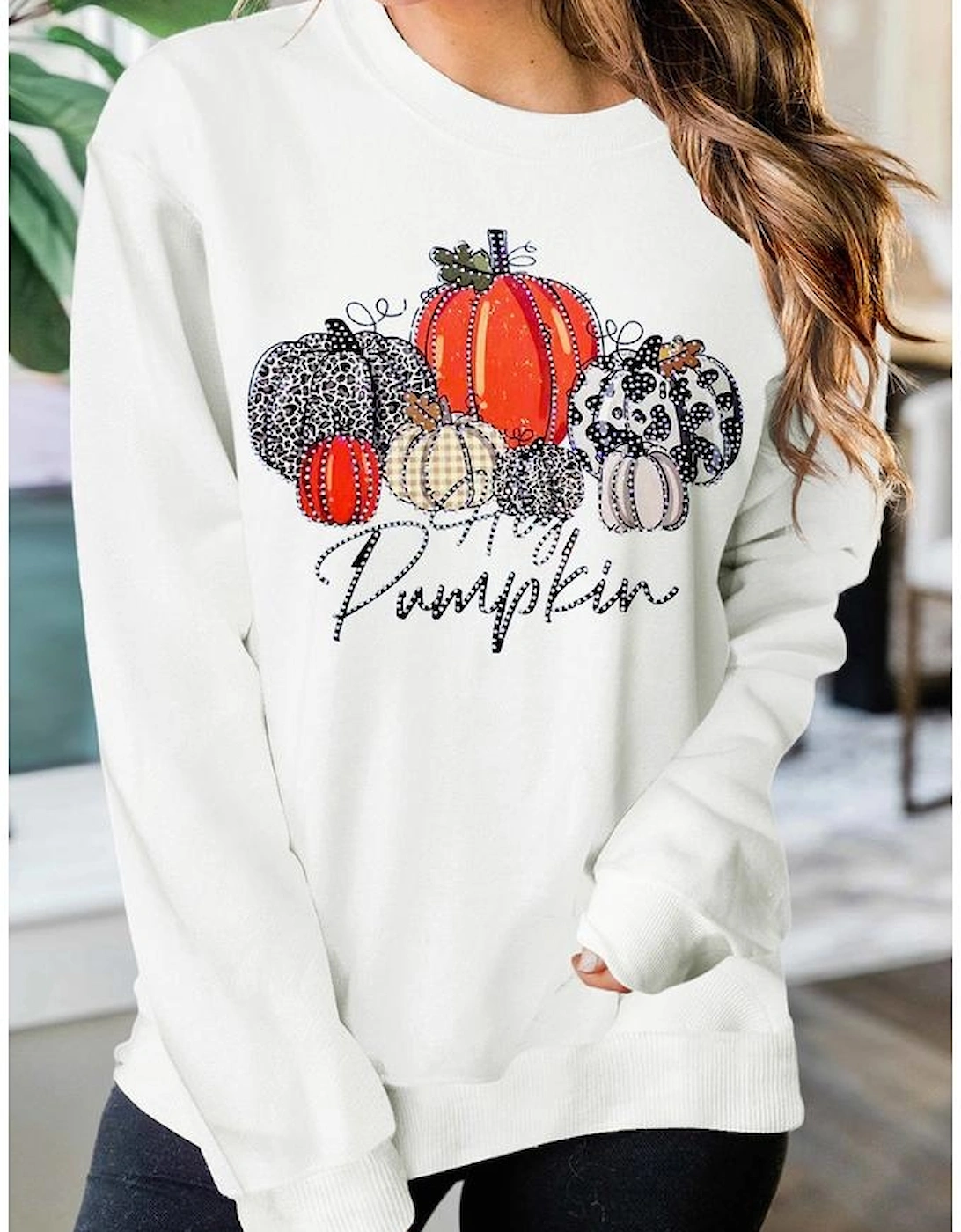 Beige Rhinestone Pumpkin Graphic Crewneck Thanksgiving Sweatshirt