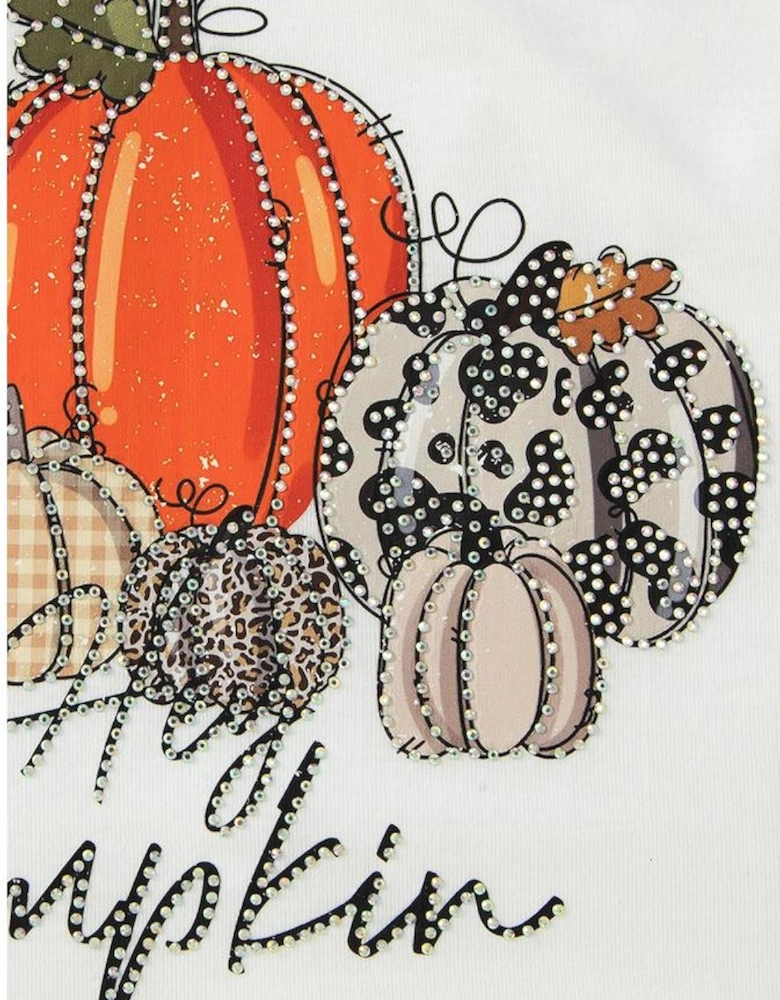 Beige Rhinestone Pumpkin Graphic Crewneck Thanksgiving Sweatshirt