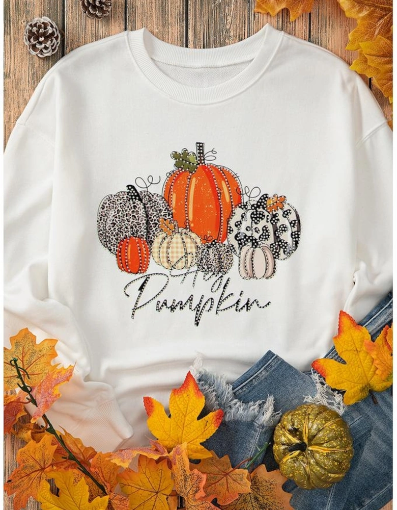 Beige Rhinestone Pumpkin Graphic Crewneck Thanksgiving Sweatshirt
