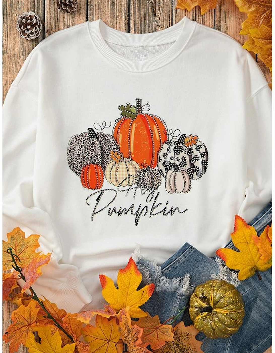 Beige Rhinestone Pumpkin Graphic Crewneck Thanksgiving Sweatshirt