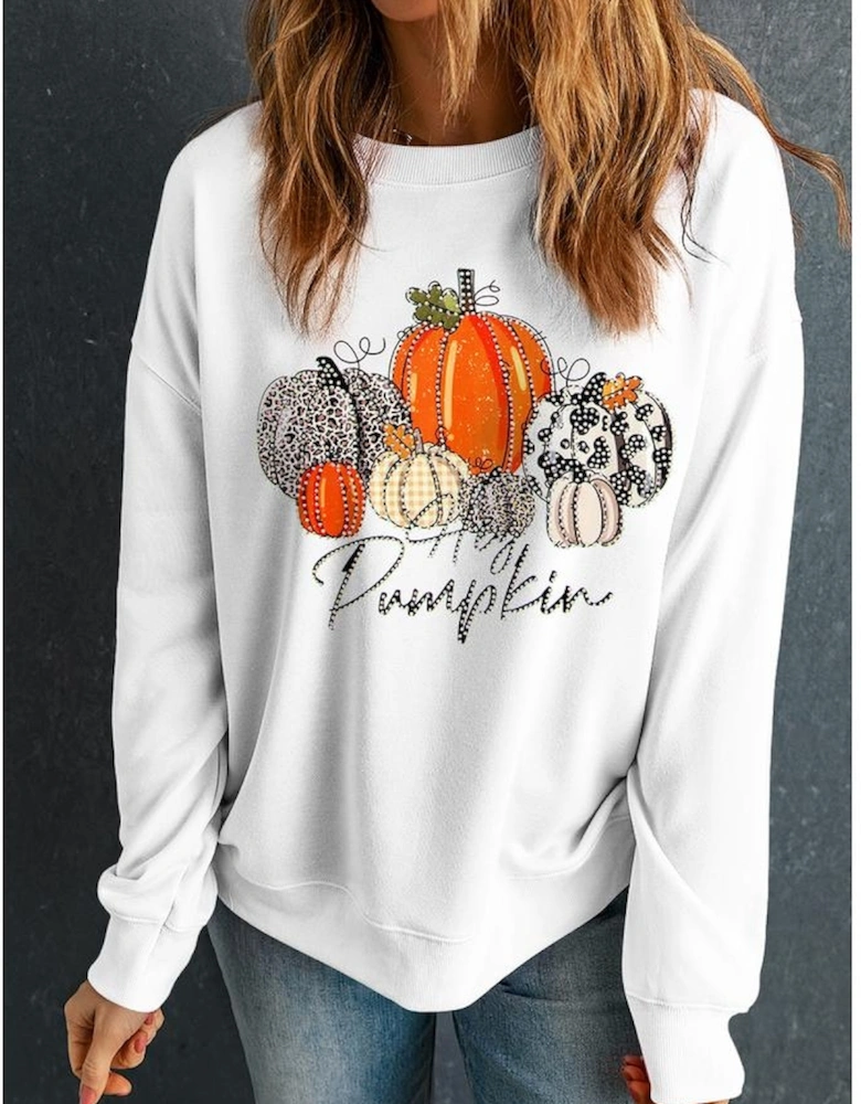 Beige Rhinestone Pumpkin Graphic Crewneck Thanksgiving Sweatshirt