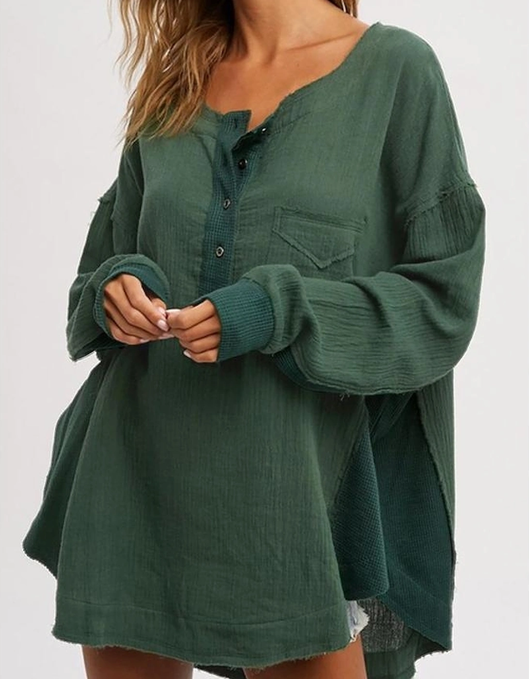 Green Textured Waffle Knit Patchwork Buttoned Neck Loose Blouse, 4 of 3