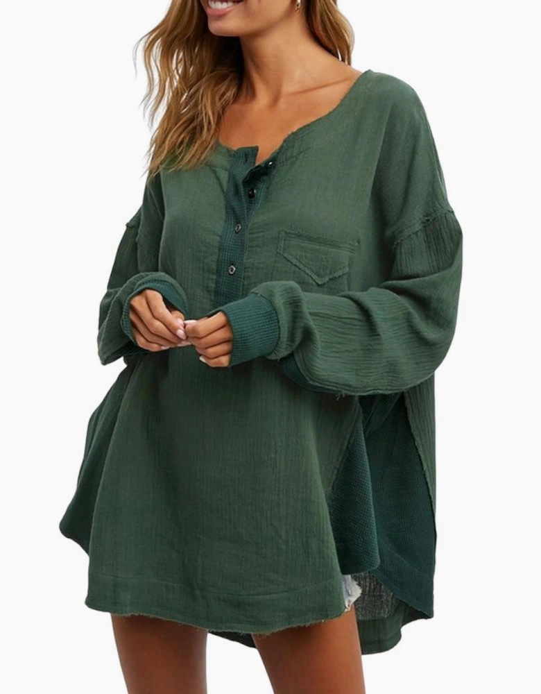 Green Textured Waffle Knit Patchwork Buttoned Neck Loose Blouse