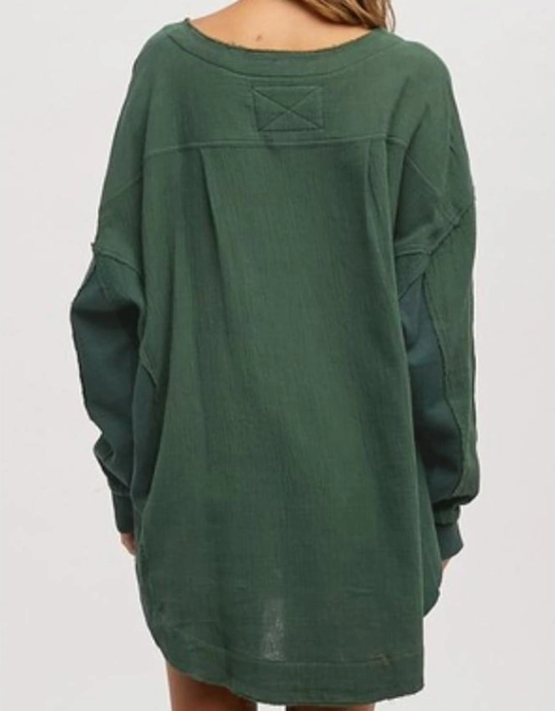 Green Textured Waffle Knit Patchwork Buttoned Neck Loose Blouse