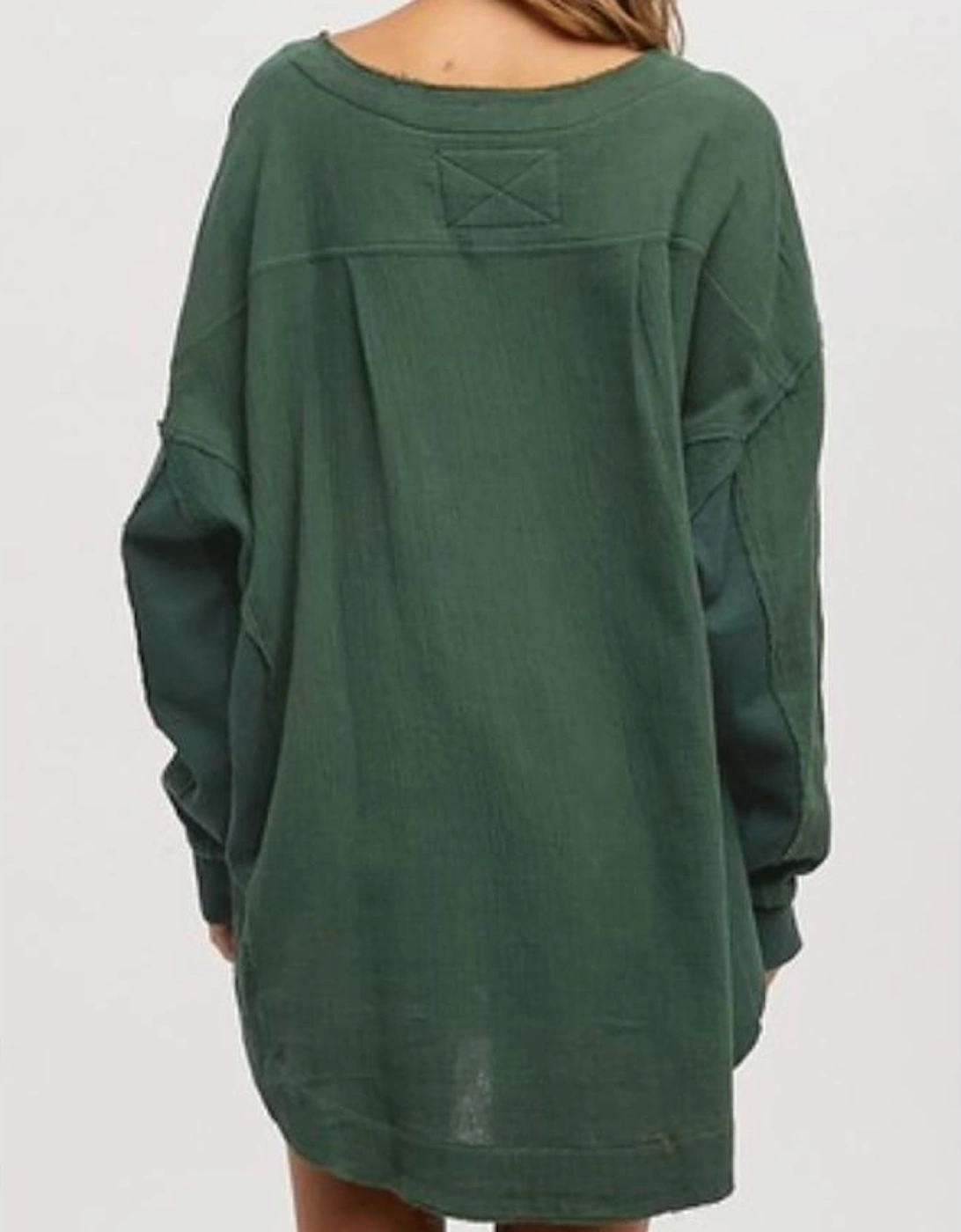Green Textured Waffle Knit Patchwork Buttoned Neck Loose Blouse