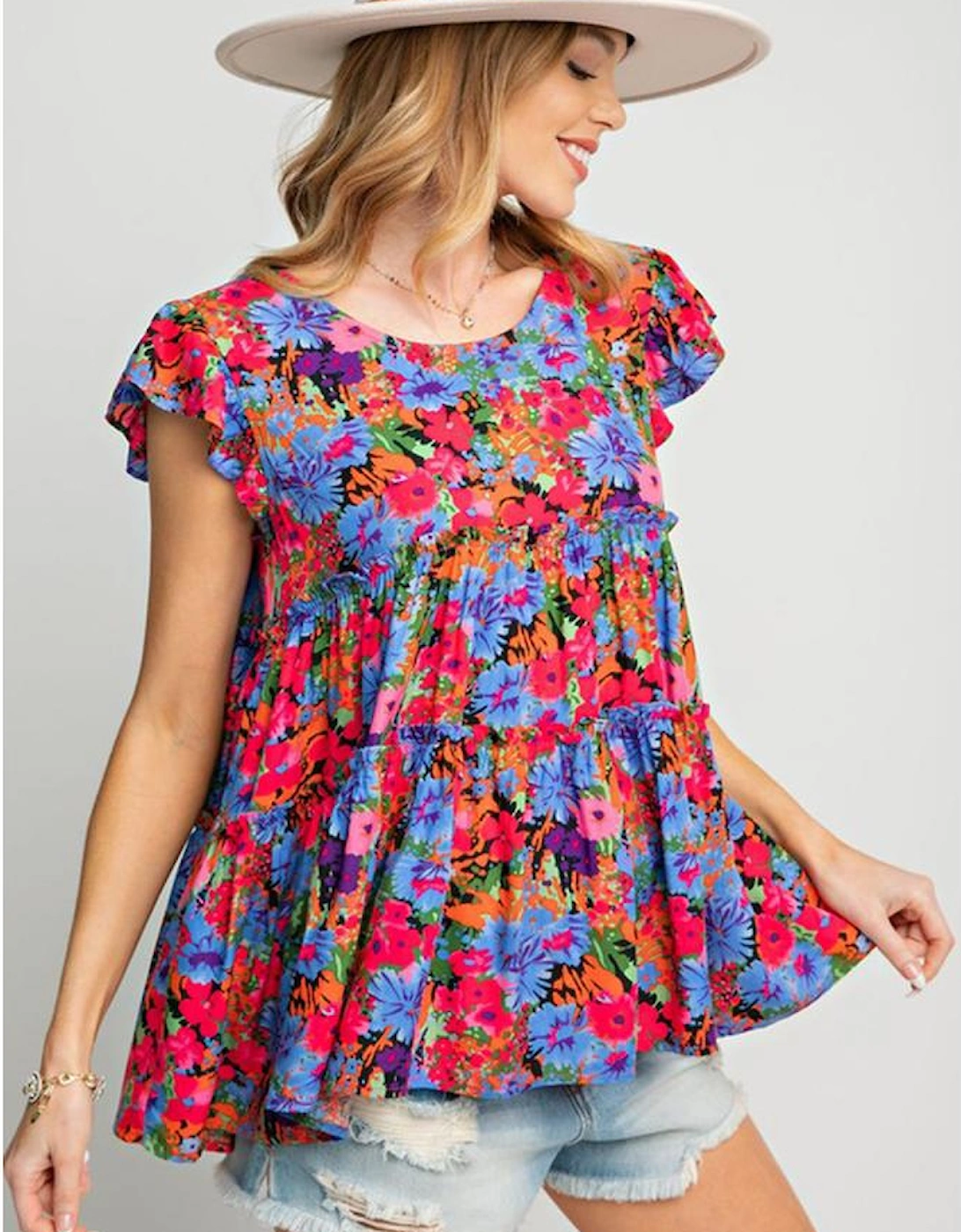Multicolor Floral Print Ruffle Tiered Short Sleeve Babydoll Top, 14 of 13