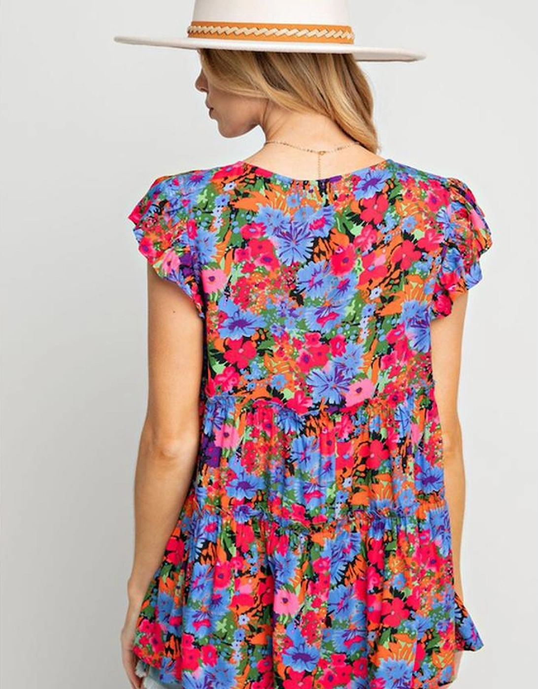 Multicolor Floral Print Ruffle Tiered Short Sleeve Babydoll Top