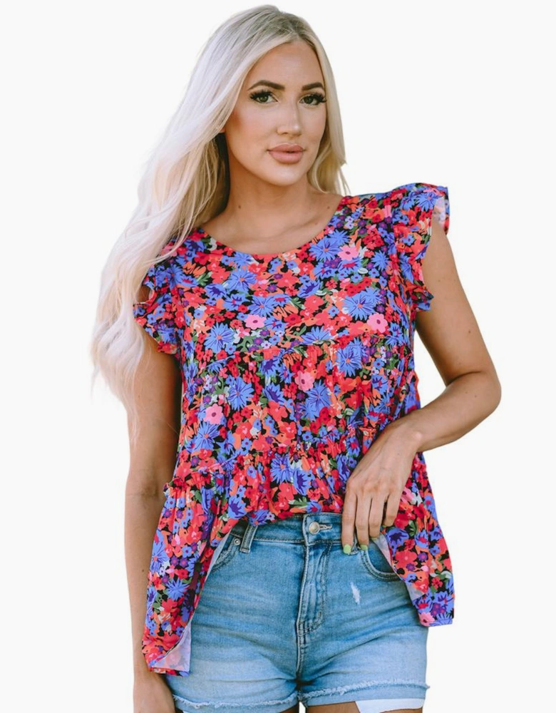 Multicolor Floral Print Ruffle Tiered Short Sleeve Babydoll Top