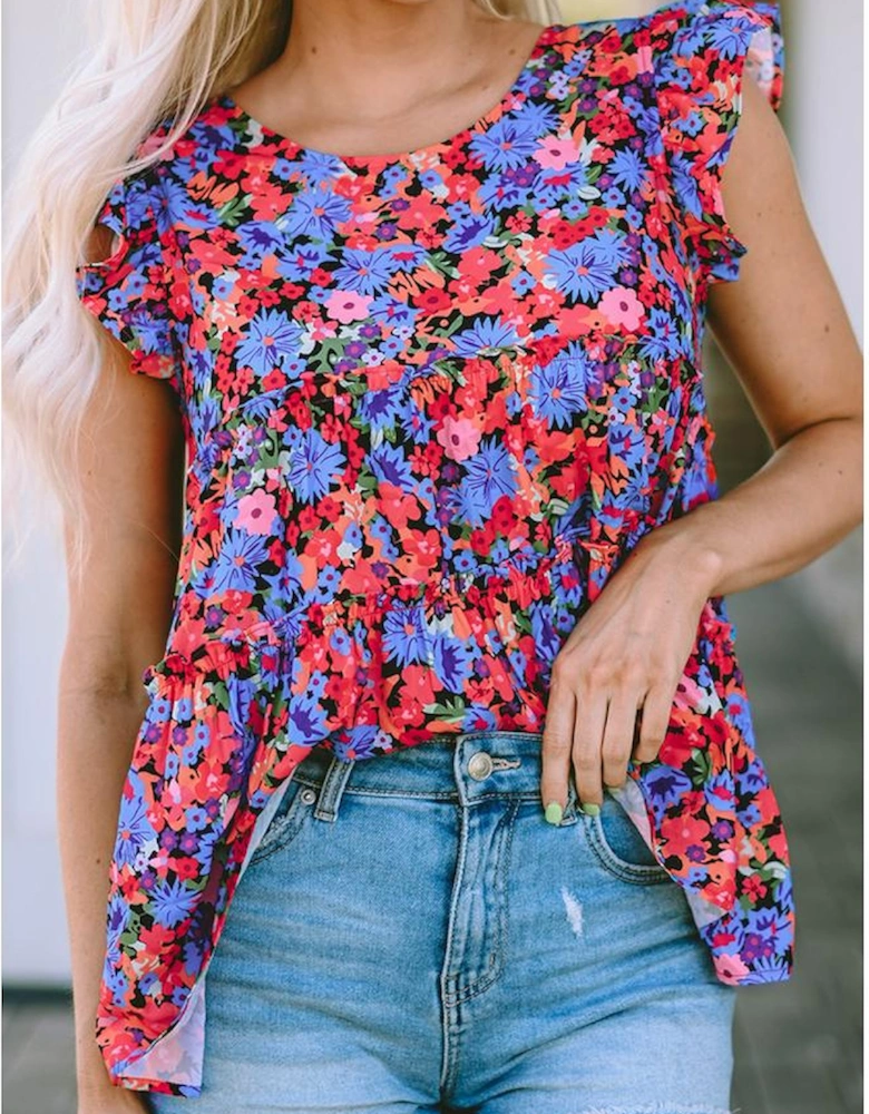 Multicolor Floral Print Ruffle Tiered Short Sleeve Babydoll Top