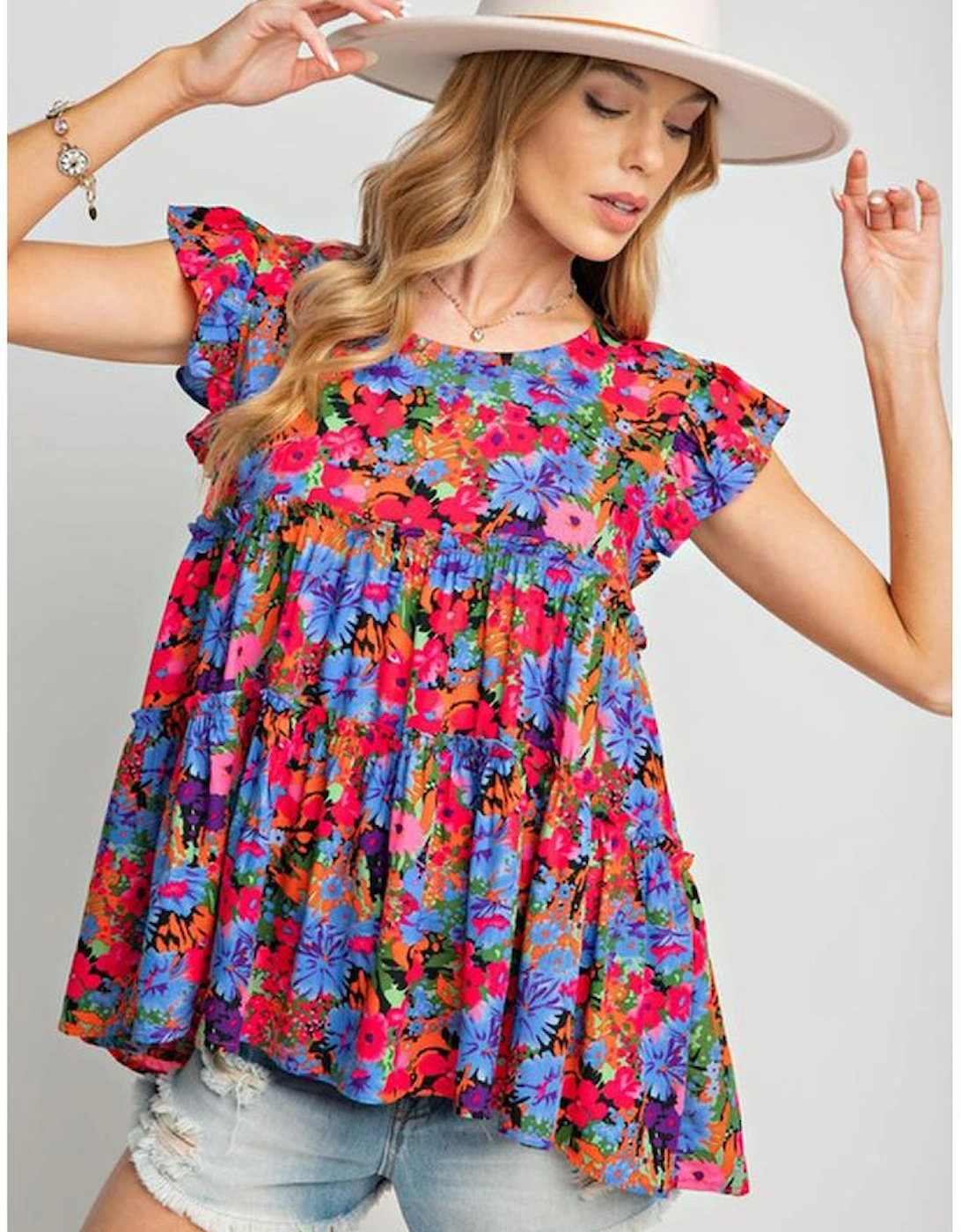 Multicolor Floral Print Ruffle Tiered Short Sleeve Babydoll Top