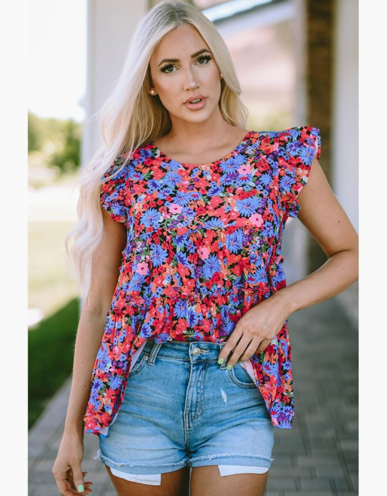 Multicolor Floral Print Ruffle Tiered Short Sleeve Babydoll Top
