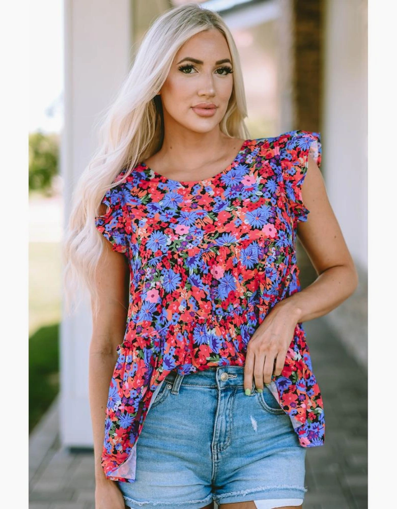 Multicolor Floral Print Ruffle Tiered Short Sleeve Babydoll Top