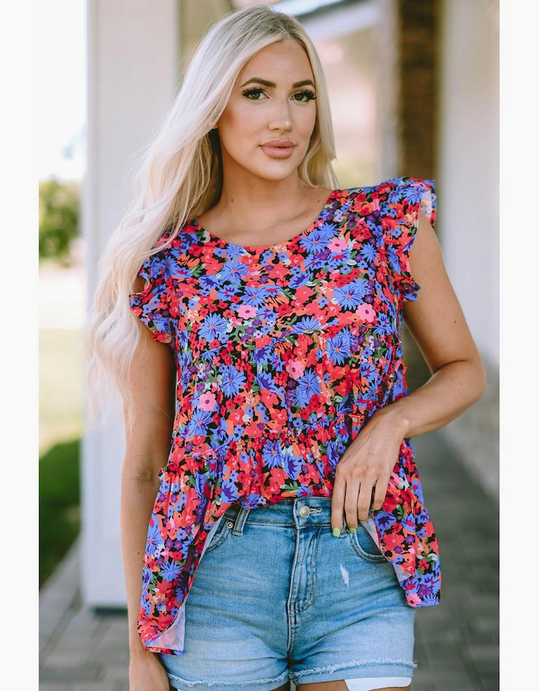 Multicolor Floral Print Ruffle Tiered Short Sleeve Babydoll Top