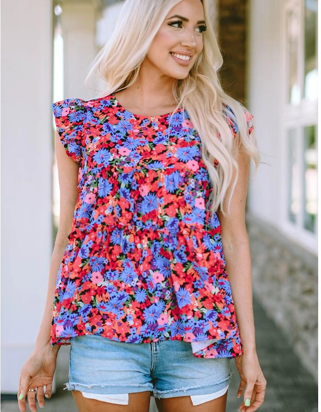 Multicolor Floral Print Ruffle Tiered Short Sleeve Babydoll Top