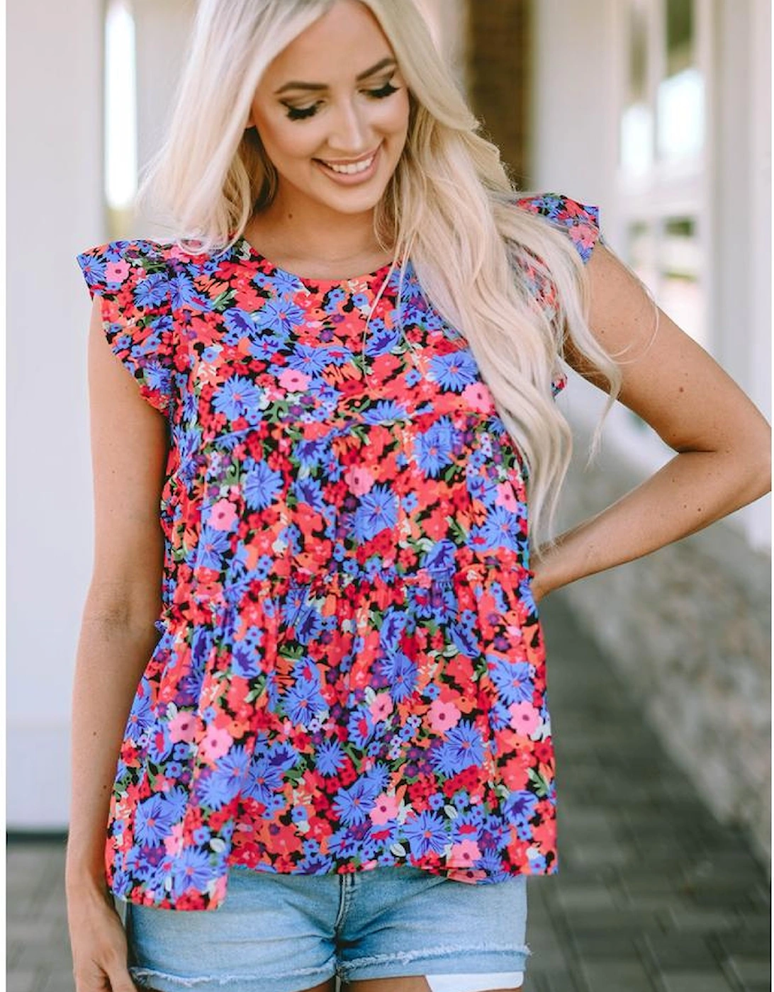 Multicolor Floral Print Ruffle Tiered Short Sleeve Babydoll Top