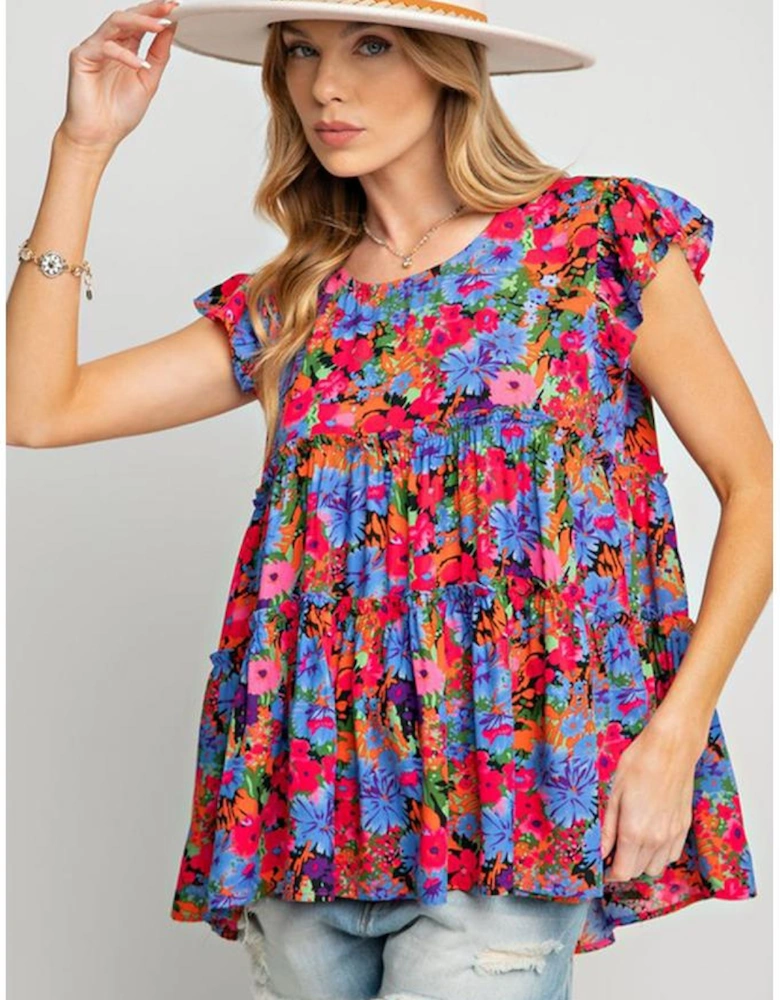 Multicolor Floral Print Ruffle Tiered Short Sleeve Babydoll Top