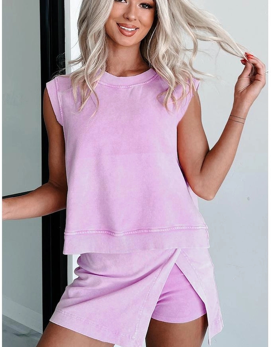 Phalaenopsis 2 Pieces Mineral Wash Cotton Tank Top Lined Split Skirt Set