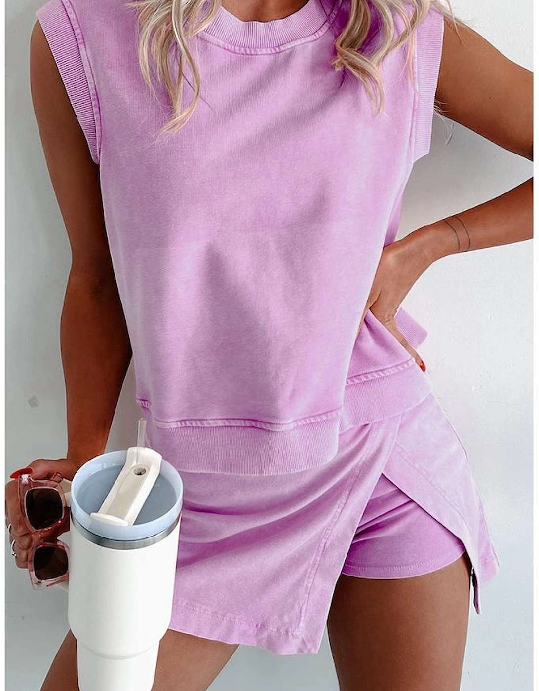 Phalaenopsis 2 Pieces Mineral Wash Cotton Tank Top Lined Split Skirt Set