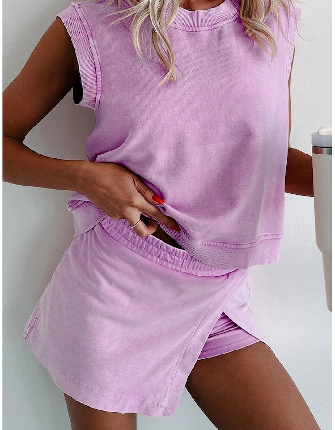 Phalaenopsis 2 Pieces Mineral Wash Cotton Tank Top Lined Split Skirt Set