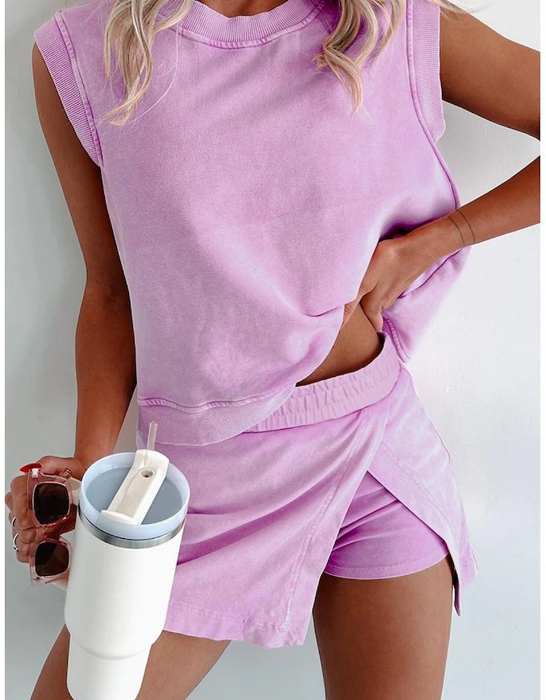 Phalaenopsis 2 Pieces Mineral Wash Cotton Tank Top Lined Split Skirt Set