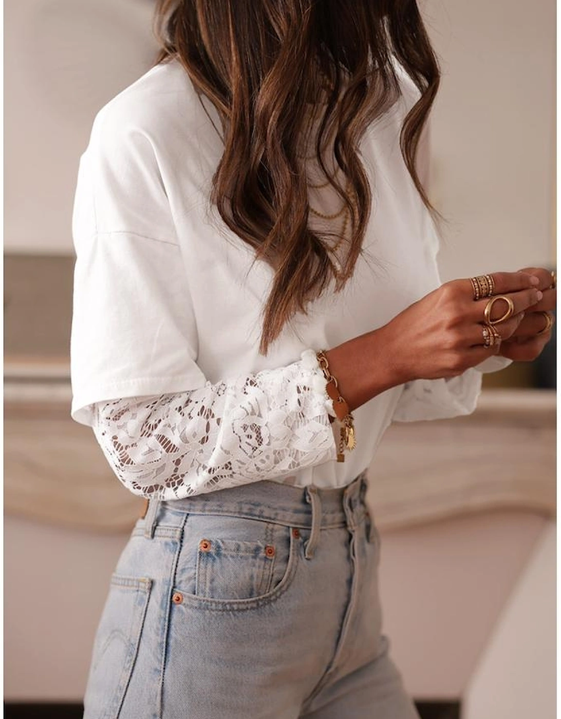 White Lace Long Sleeve Insert Drop Shoulder Tee