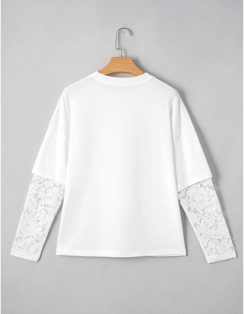 White Lace Long Sleeve Insert Drop Shoulder Tee