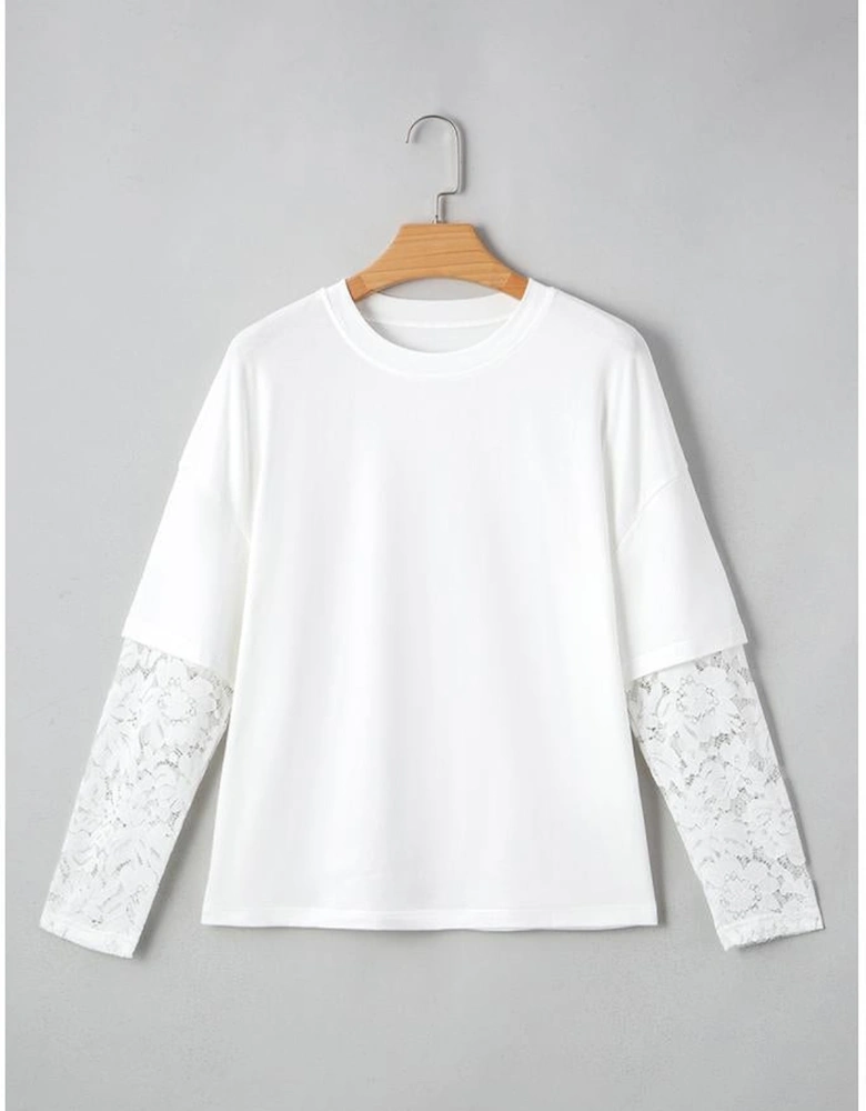 White Lace Long Sleeve Insert Drop Shoulder Tee