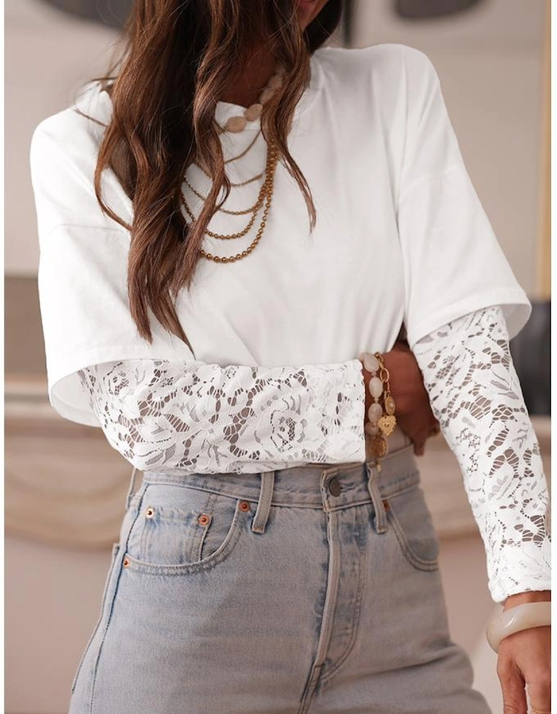 White Lace Long Sleeve Insert Drop Shoulder Tee